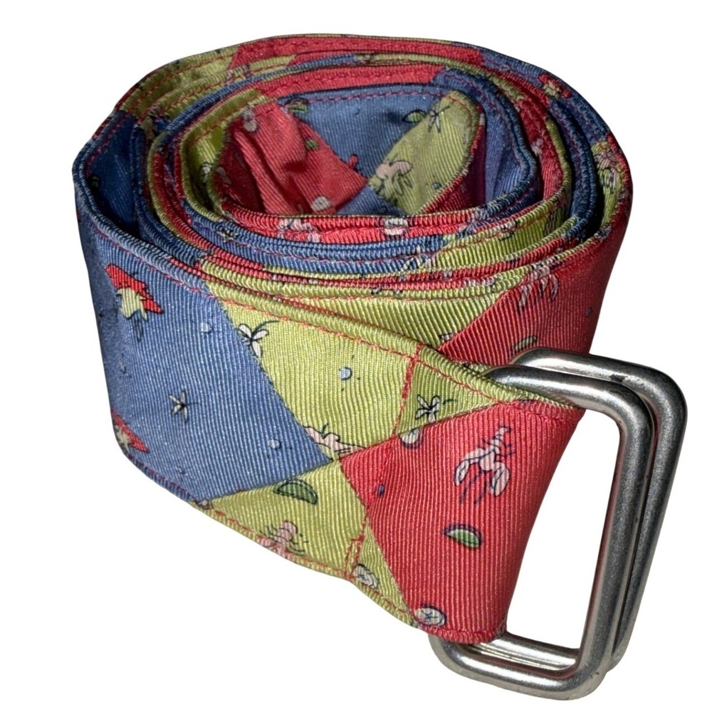 J. McLaughlin Fabric Belt Wms Large‎ Multi Color Lobster Patchwork D-Ring 47in